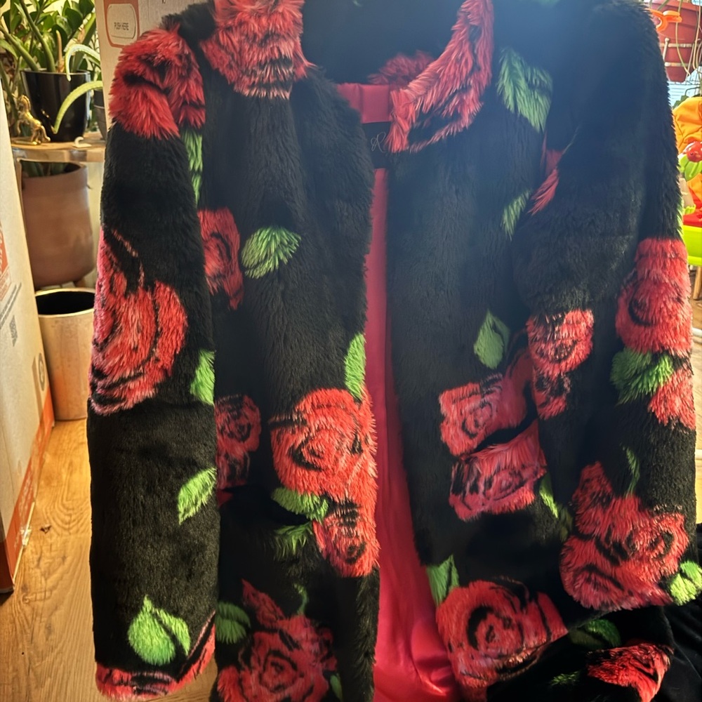 Stylish Floral Faux Fur Jacket